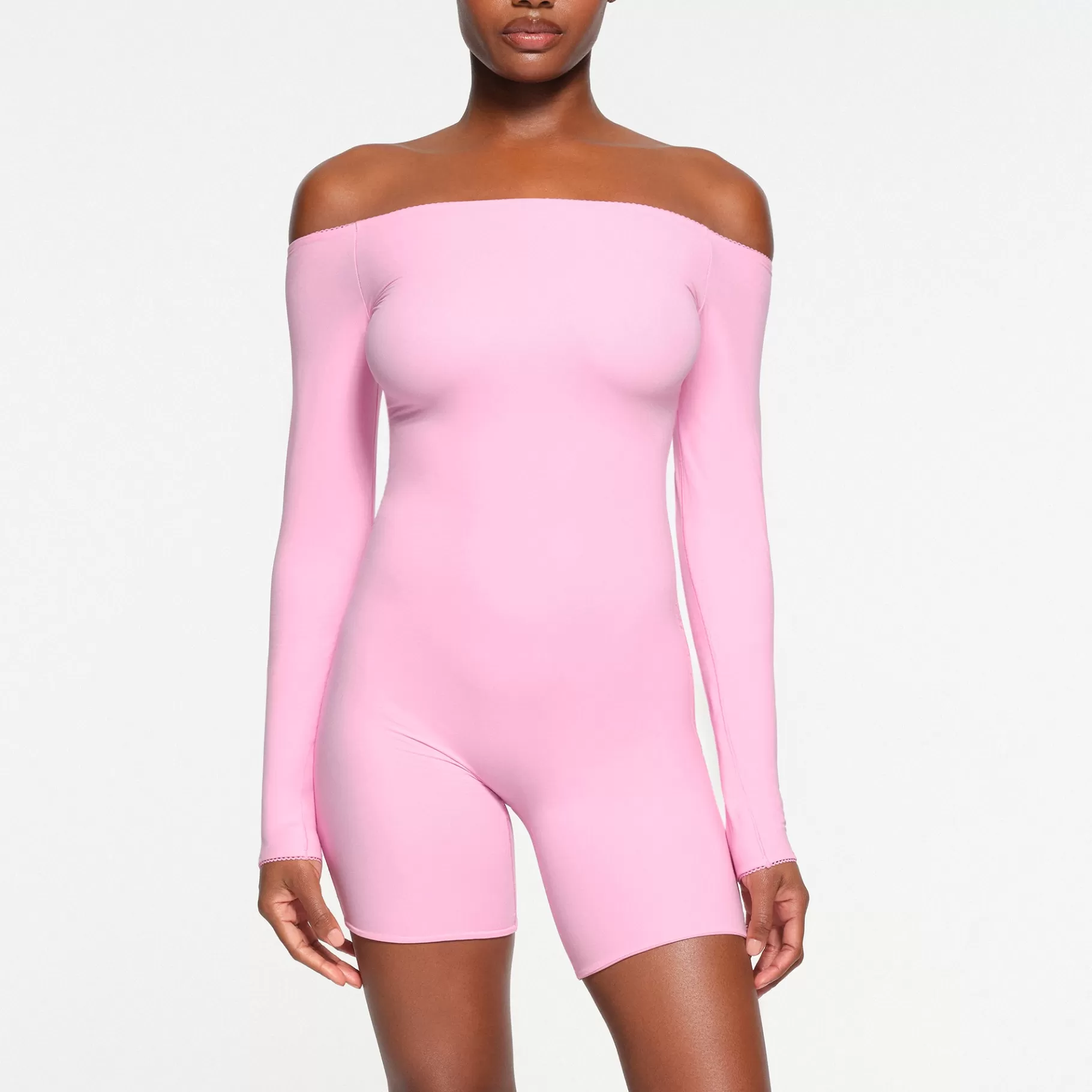 Skims catsuits & onesies*FITS EVERYBODY PICOT TRIM OFF THE SHOULDER ONESIE | BUBBLE GUM BUBBLE+GUM